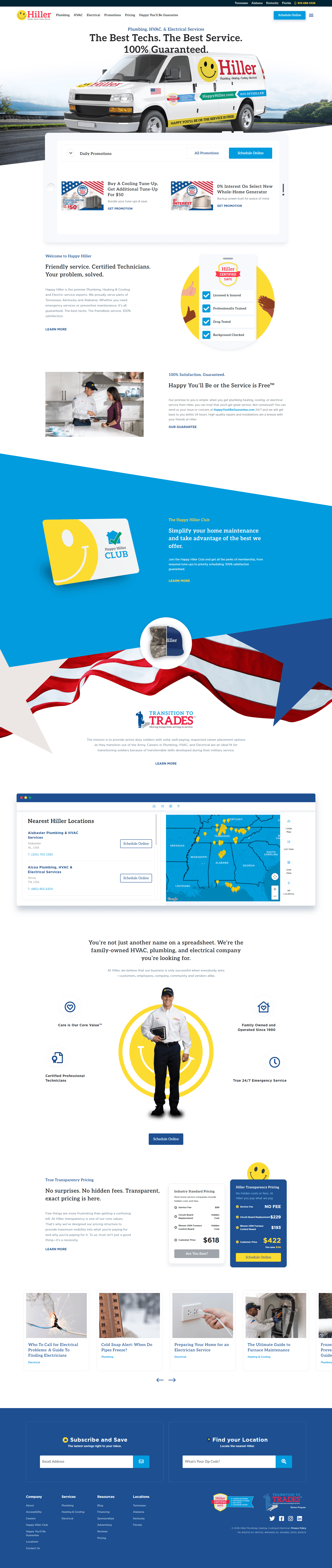 Hiller homepage screenshot - grouped plumbing and home-service navigation