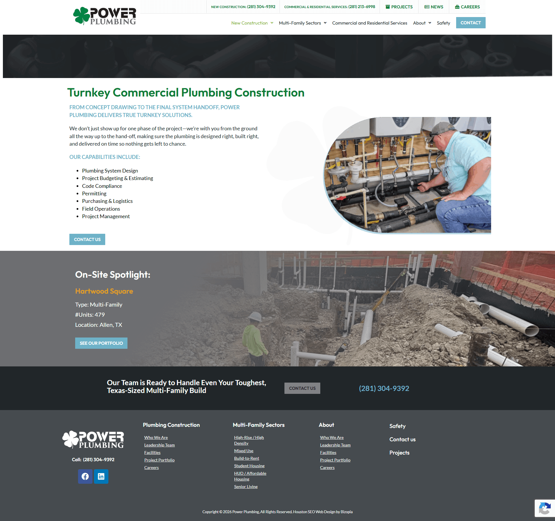 Power Plumbing homepage screenshot - project stages and portfolio route