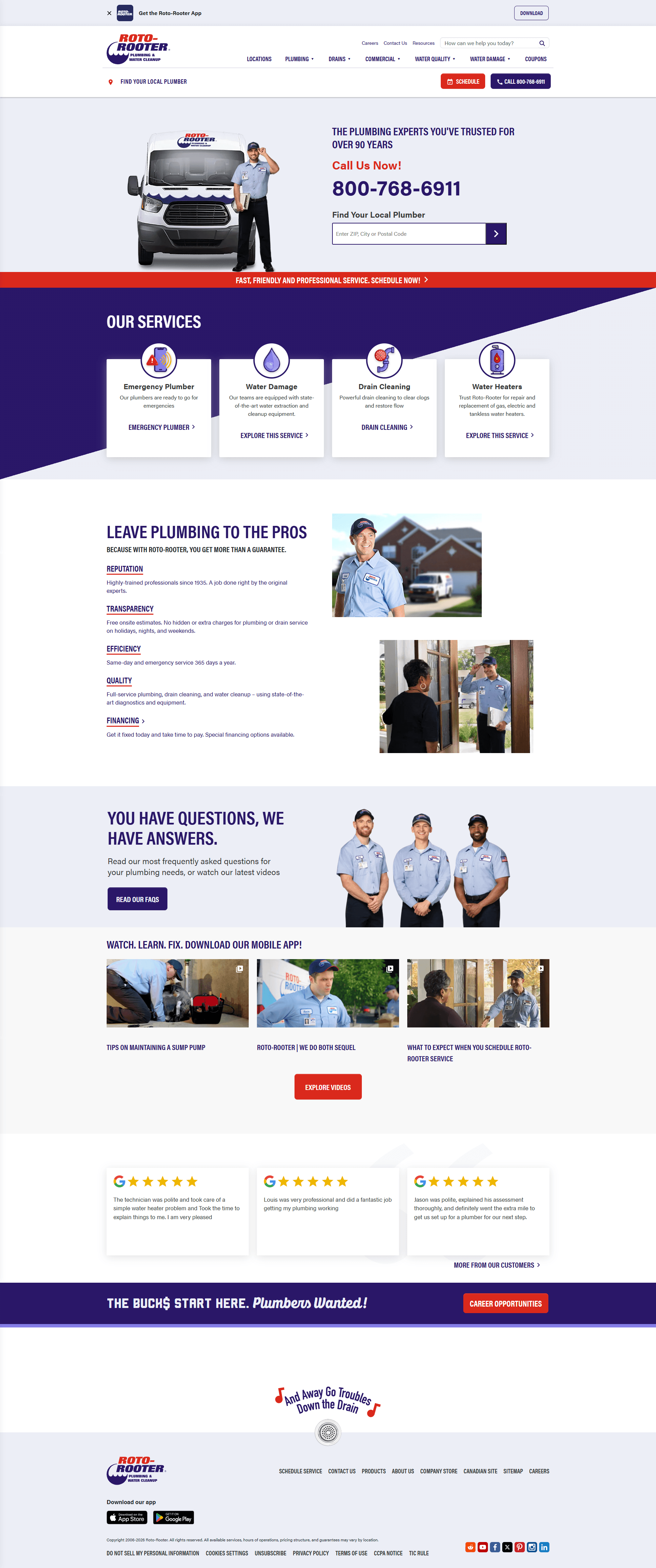 Roto-Rooter homepage screenshot - location and plumbing service paths