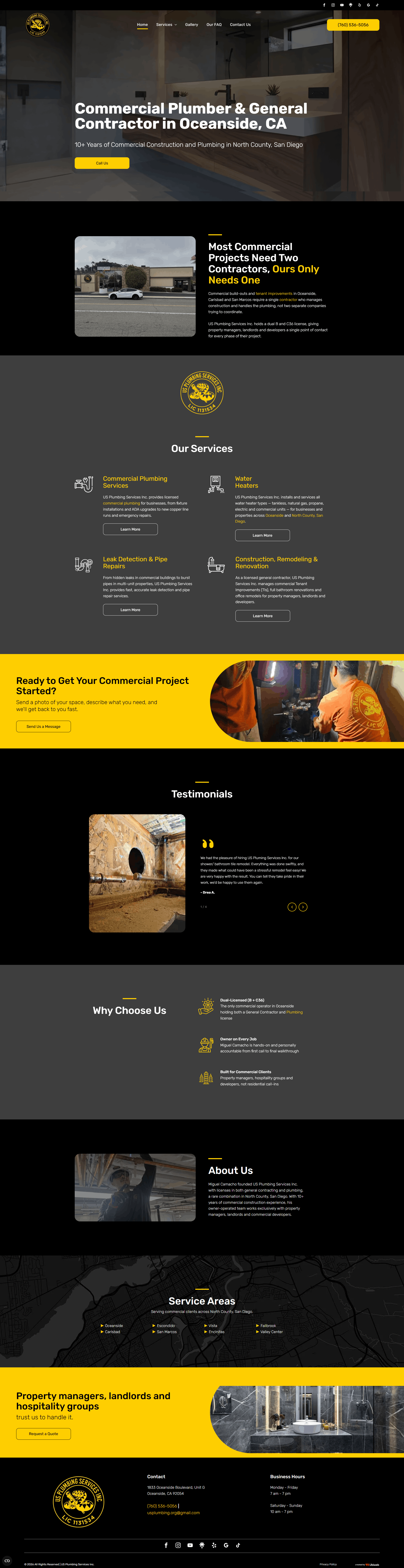 US Plumbing Services homepage screenshot - commercial audience positioning
