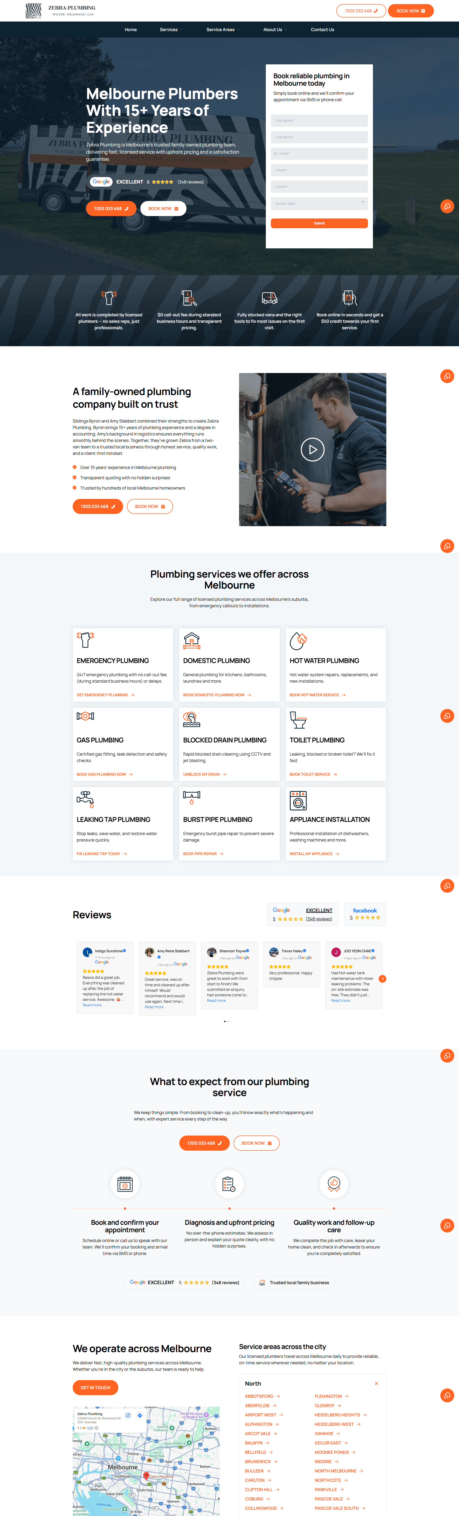 Zebra Plumbing homepage screenshot - Melbourne service and booking paths