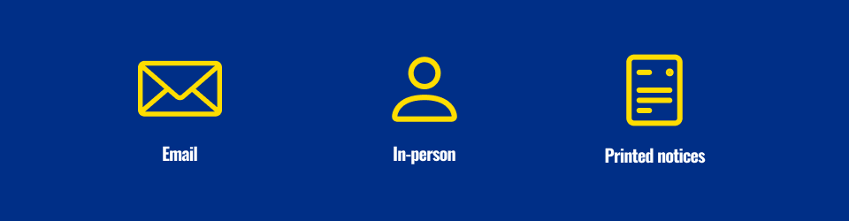 3 yellow icons - Email, In-person and Printed notices - on a dark blue background