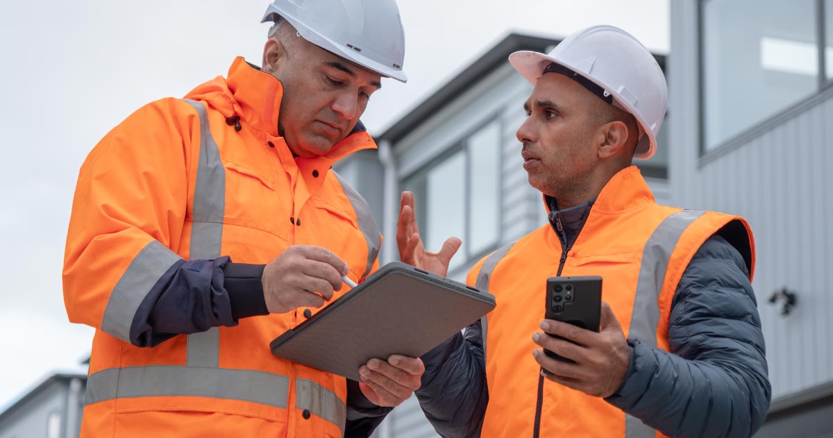 Two men in orange vests and white hardhats with clipboards