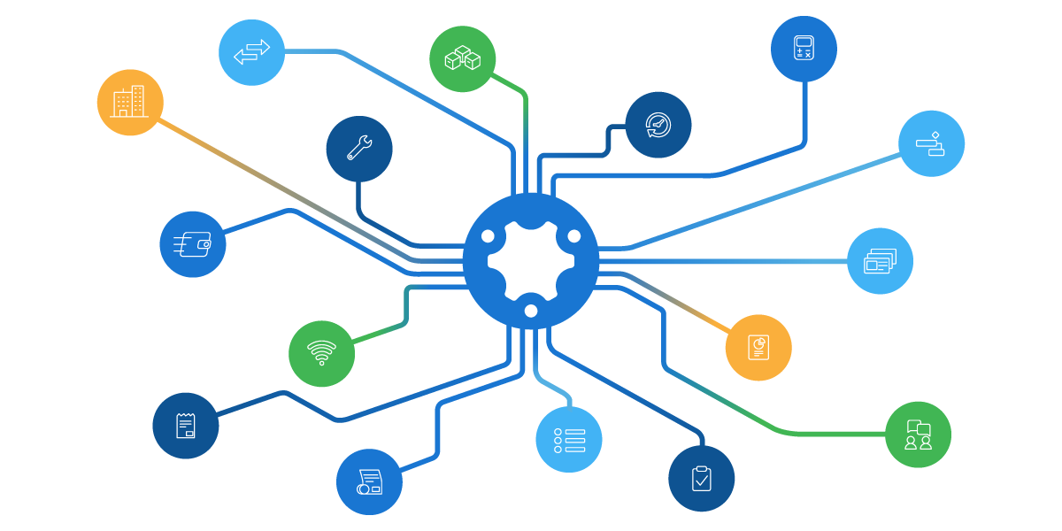 The Simpro logo surrounded by different icons within the operations management features of Simpro software.