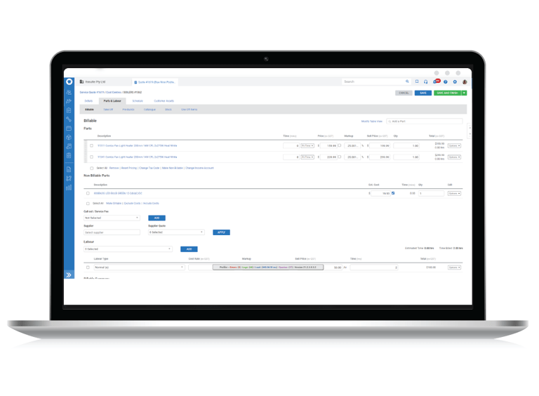 Laptop displaying the Simpro Parts and Labour tab on a Quote with non-billable items