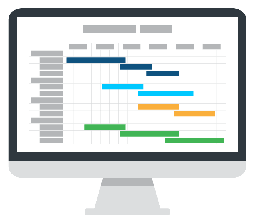 Illustration of computer monitor with stylised Gantt chart 