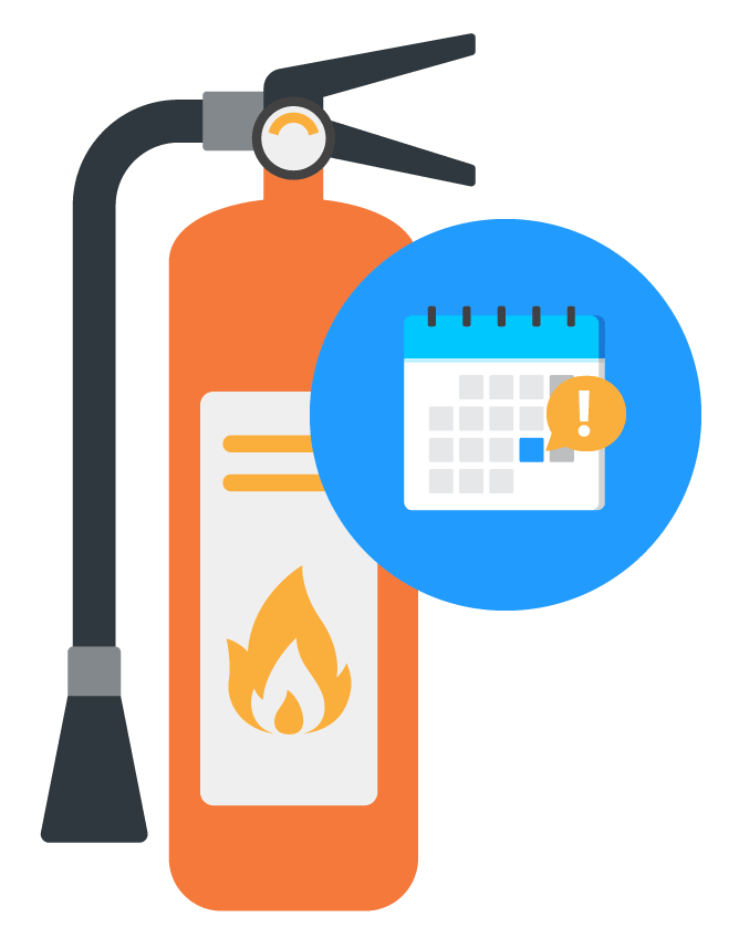 Illustration of a fire extinguisher and a calendar page inside a blue circle shown to the side