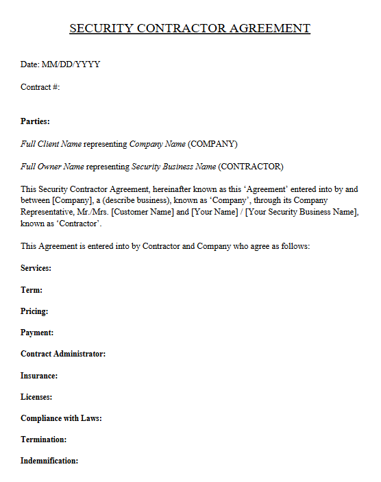Example security contractor agreement template
