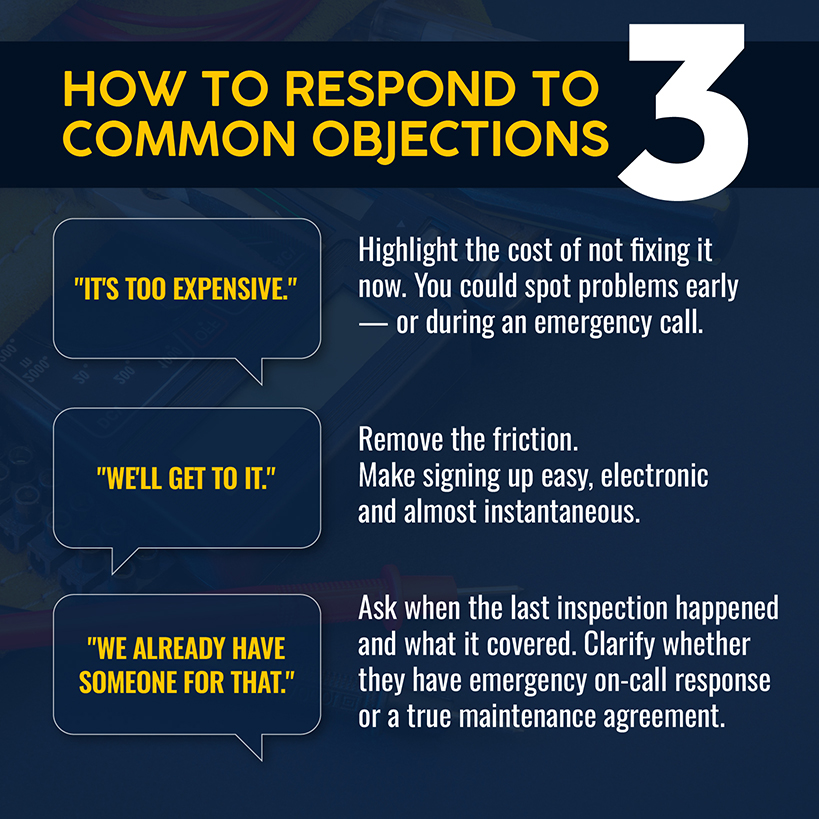 How to respond to 3 common objections when selling electrical maintenance agreements