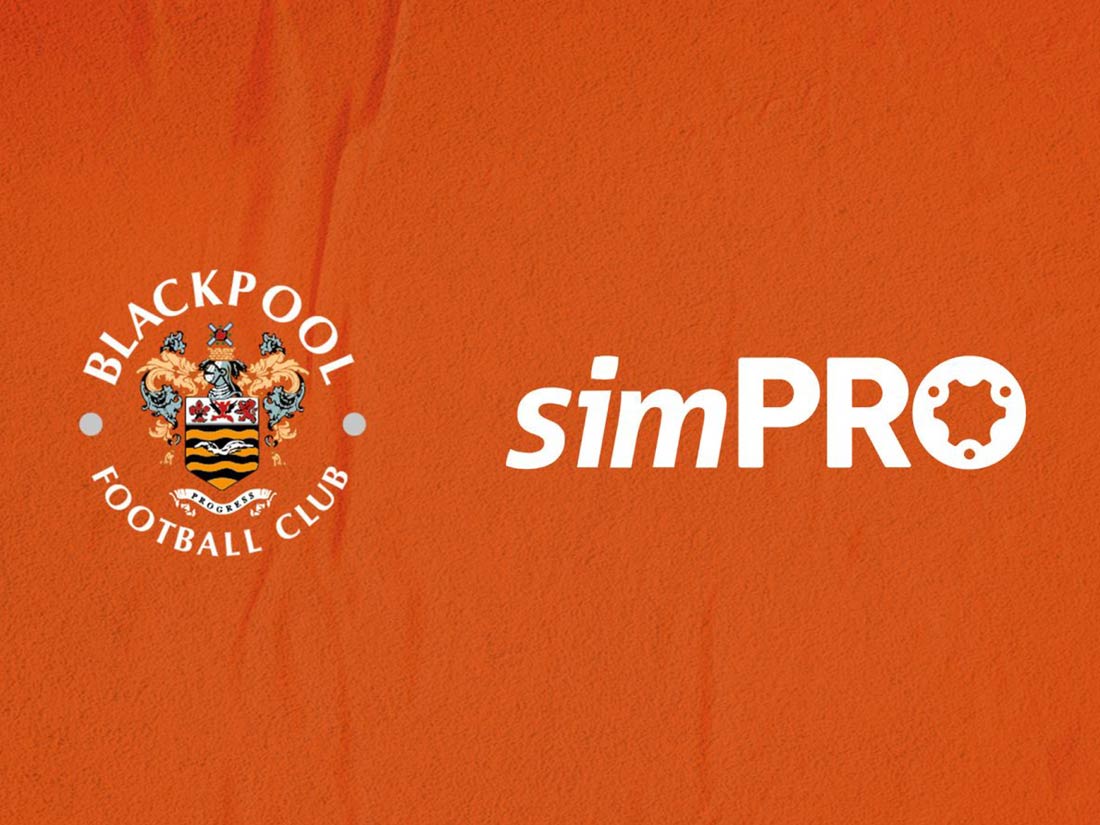 Blackpool Football Club and Simpro logos on hot orange background