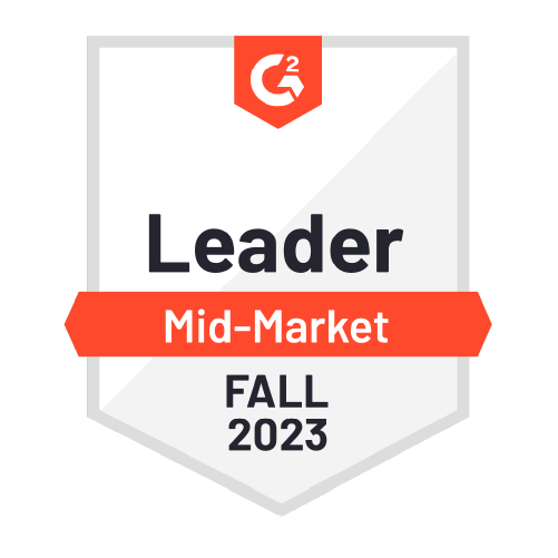 A badge depicting an award for being a leader within mid-market for Fall 2023