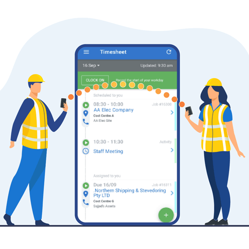 2 field staff standing against a mobile phone displaying the Simpro Mobile Timesheet module.