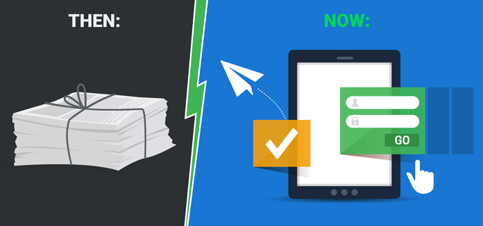 Then: Slowed down by paper processes vs Now: Faster than ever with digital data entry