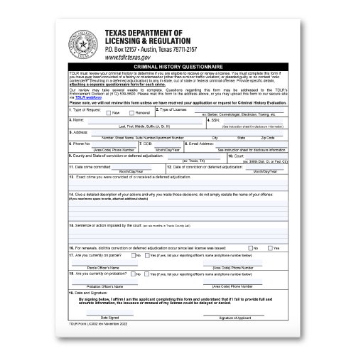 An example of a blank criminal history questionnaire form.