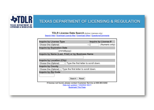 An example of a blank TDLR license data search form.