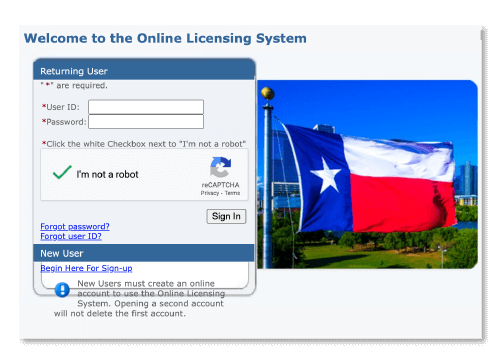 Screenshot of the Online Licensing System