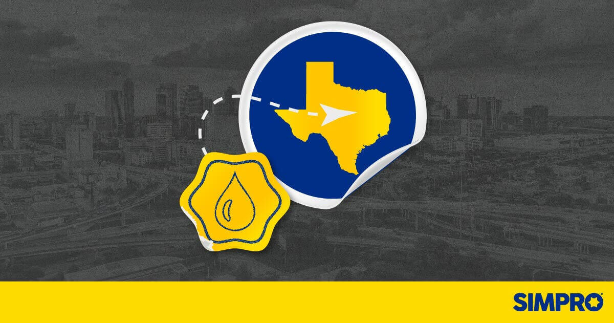 An illustration showing a water droplet within a yellow bubble, a map of Texas and an arrow drawing a path between the two illustrations