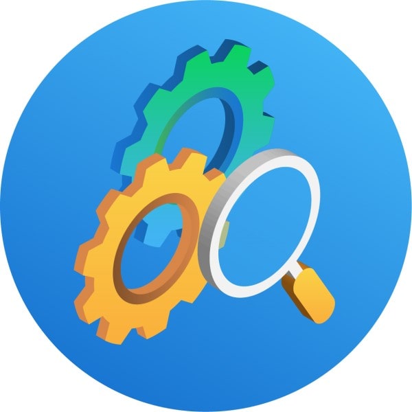 Two cogs and a magnifying glass on a blue background.