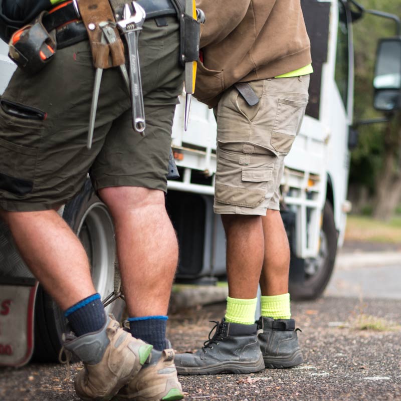 Two pairs of legs seen wearing shorts and a toolbelt