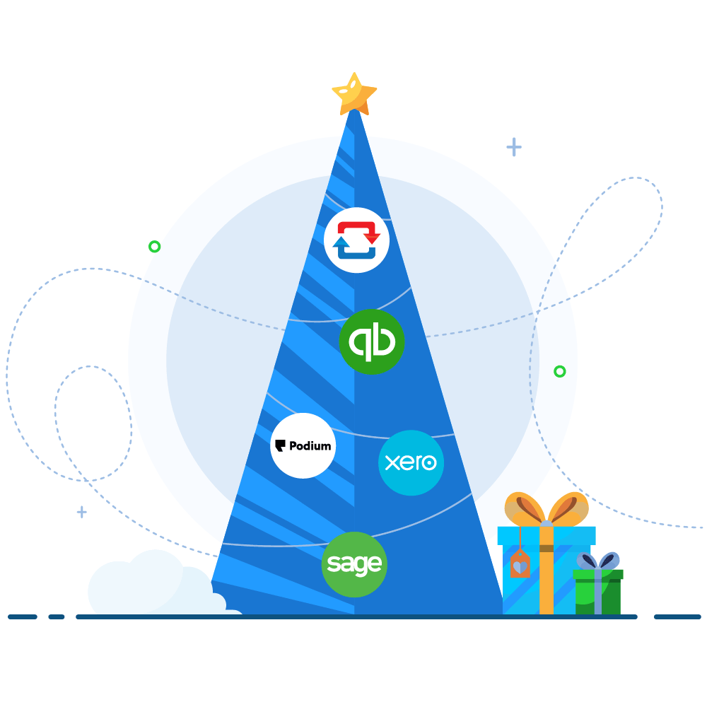 Blue illustrated christmas tree with baubles that are also integration partners