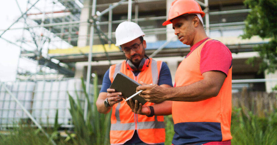 Two people wearing hard hats and high visibility clothing are looking at a tablet.