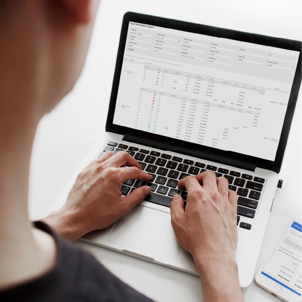 Photo of user operating a laptop, analysing reports and data.