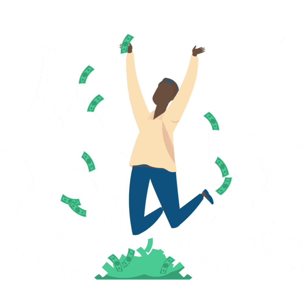Guy jumping while holding dollars