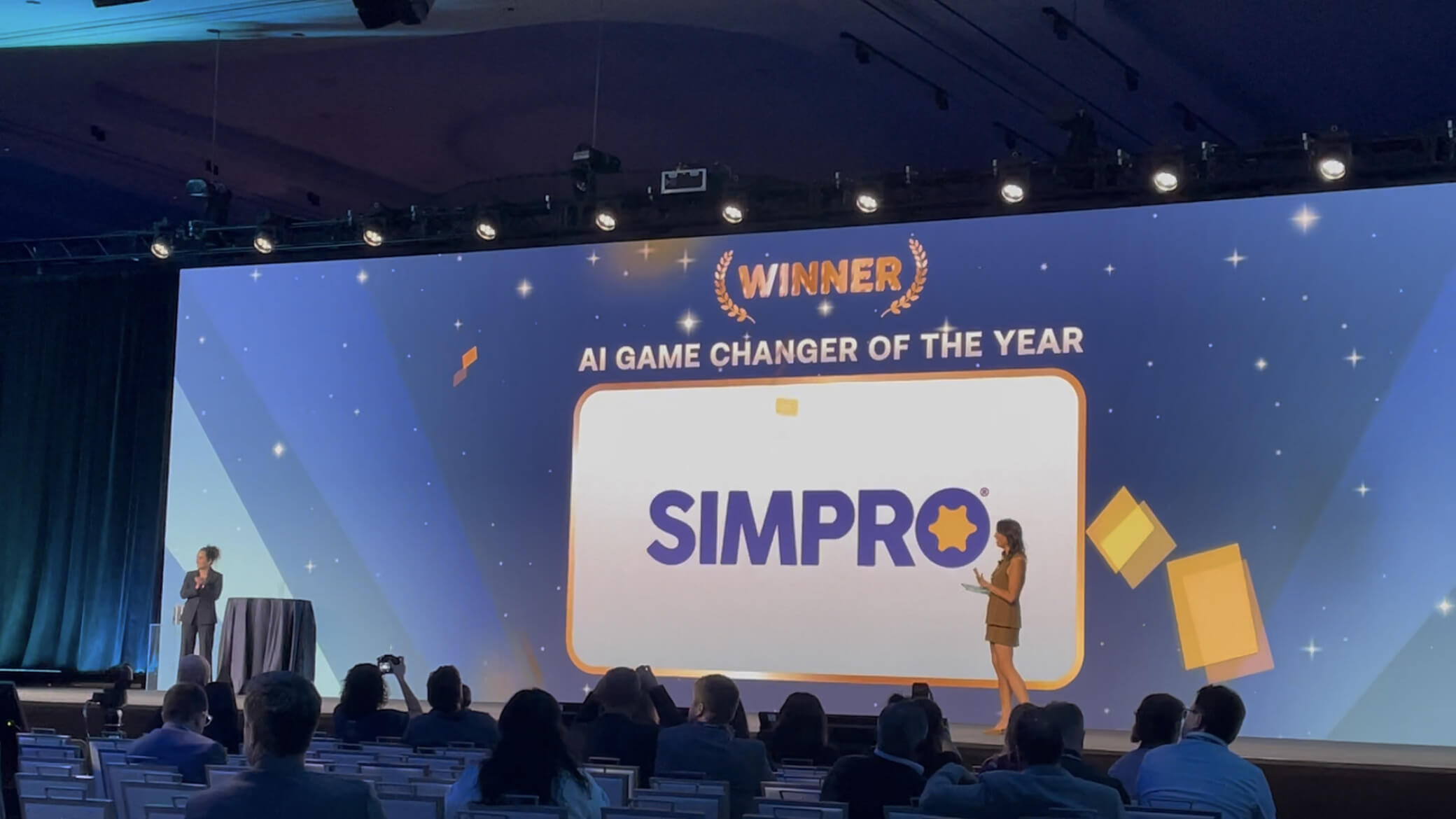 Simpro wins AI Game Changer of the Year onstage at 6Sense Breakthrough 2025.
