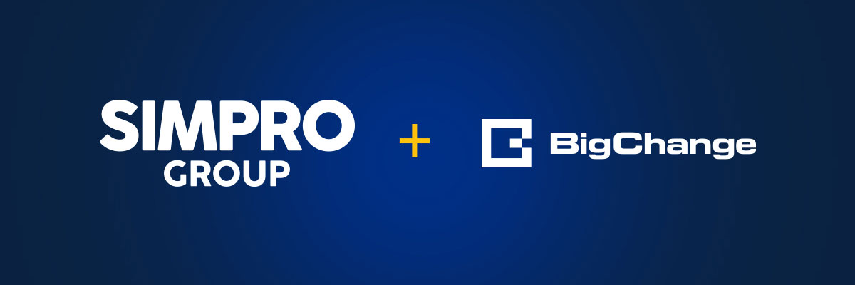 Simpro Group Logo plus BigChange Logo on a blue background
