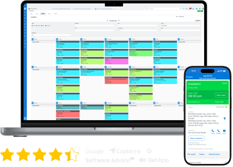 composition showing Simpro software running on a laptop computer and mobile device, along with a 4.2 aggregated star rating across various software comparison platforms