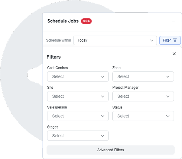 Simpro AI Scheduler screenshot: filter options in the Schedule Jobs panel