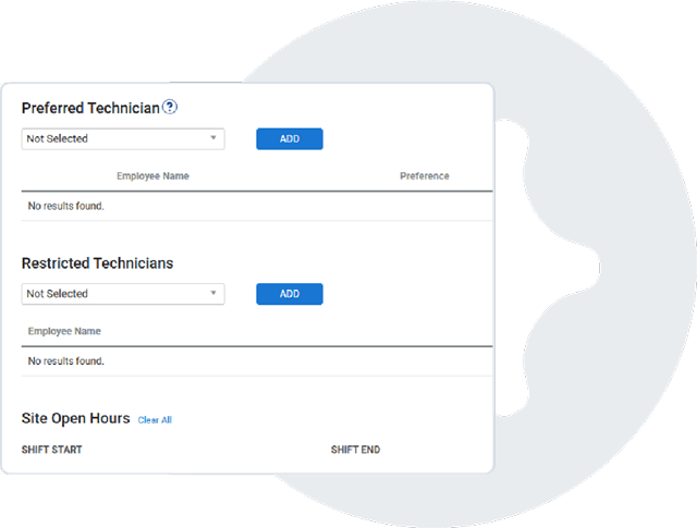 Simpro AI Scheduler screenshot: preferred technician / restricted technicians