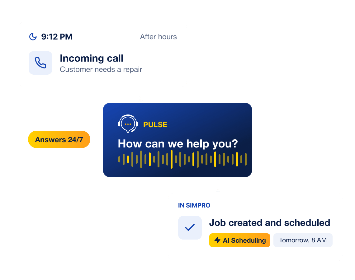 Pulse AI receptionist turning a call into a scheduled Simpro job
