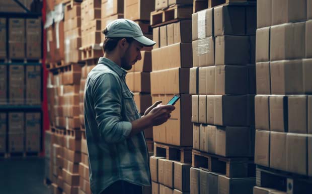 Person in warehouse using smart device