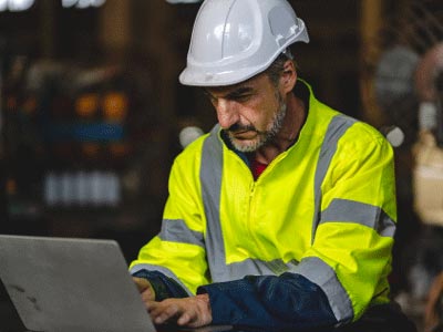 person in PPE using notebook computer