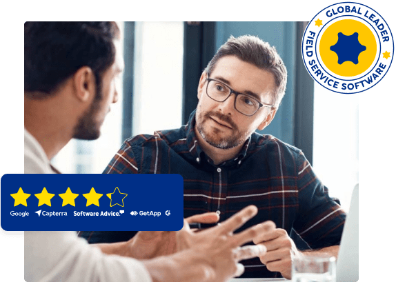 graphic showing business people with global leader in field service software stamp overlaid, along with Google 4.2 star review rating