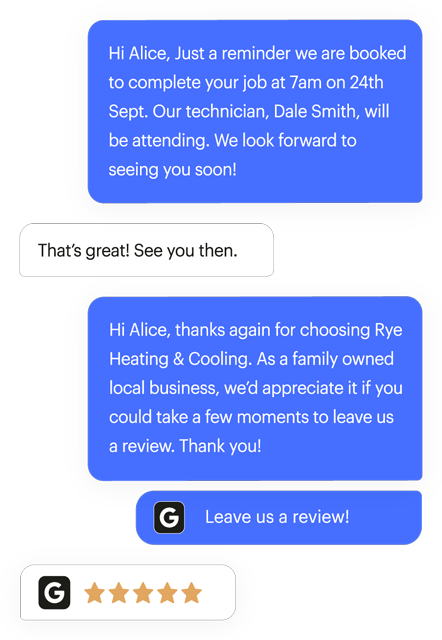 Automated messages to customer for booking reminder and invitation to leave a reveiw