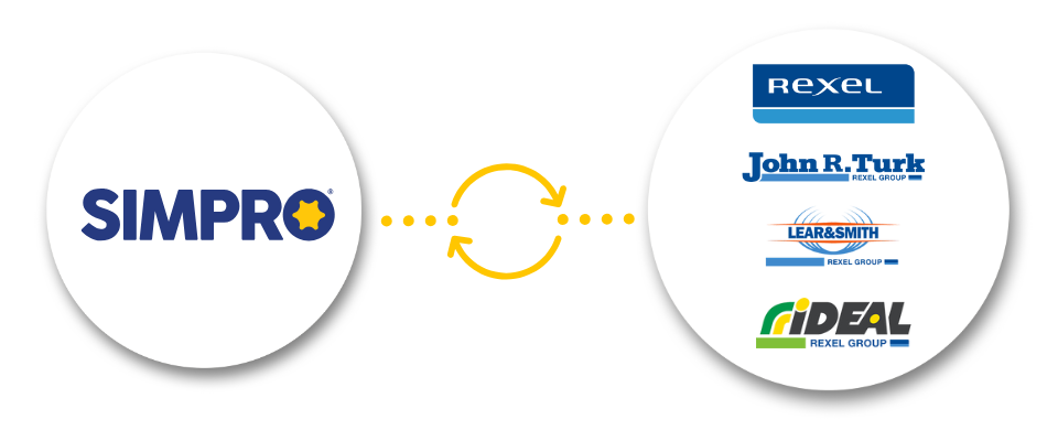 Logo composition showing Simpro connected to Rexel, John R Turk, Lear & Smith and Ideal
