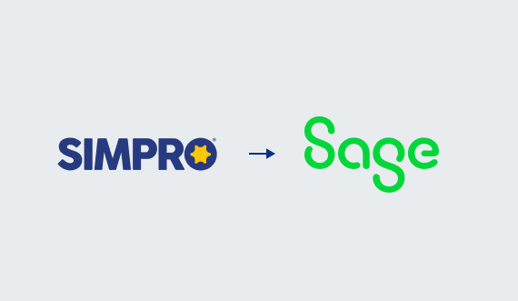 Simpro and Sage logos with a right facing between them