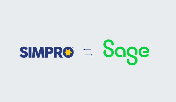 Simpro and Sage logos with two-way arrows between them